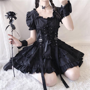 Repeated black rose outfit view of the gothic dress, with puff sleeves, a laced waist harness and short ruffled skirt.