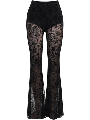 Black sheer bell bottom pants isolated on white, showing the complete high-waisted shape, brief lining and wide lower legs.