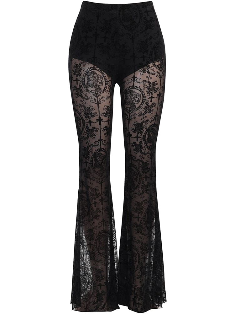 Black sheer bell bottom pants isolated on white, showing the complete high-waisted shape, brief lining and wide lower legs.