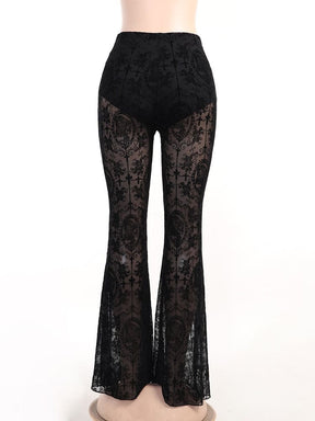 Back of the black bell bottoms on a clear mannequin, with brief-style coverage at the hips and sheer ornate legs below.