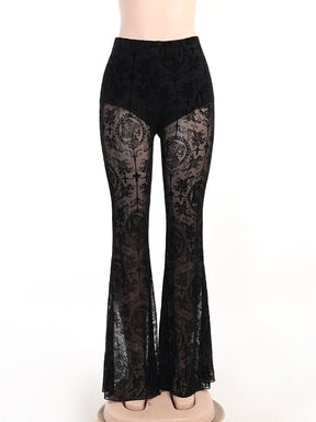 Front of the black gothic bell bottoms displayed on a clear mannequin, with patterned mesh legs beneath the opaque upper lining.