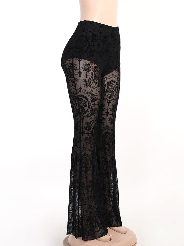 Side view of black sheer patterned flare pants on a clear mannequin, showing the close hip fit and long widening leg.