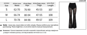 Size chart for black gothic bell bottom pants in S, M and L, listing waist, hips, thigh and length in centimetres alongside a product photo.