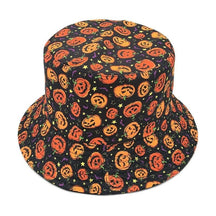 Black Halloween bucket hat viewed from above, covered in orange jack-o-lantern faces with small colorful stars and bats across the crown and brim.