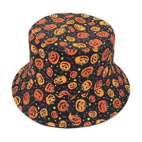 Black Halloween bucket hat viewed from above, covered in orange jack-o-lantern faces with small colorful stars and bats across the crown and brim.