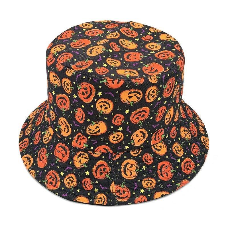 Black Halloween bucket hat viewed from above, covered in orange jack-o-lantern faces with small colorful stars and bats across the crown and brim.
