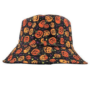 Front view of the pumpkin-print bucket hat on white, showing its flat-topped crown, downward brim and repeating orange faces.
