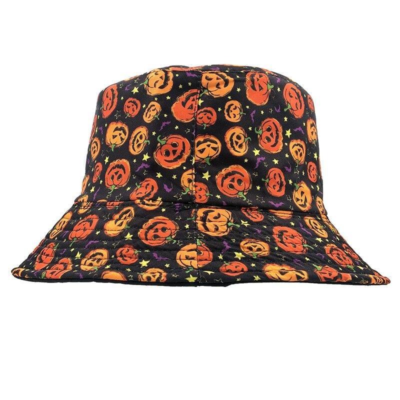 Front view of the pumpkin-print bucket hat on white, showing its flat-topped crown, downward brim and repeating orange faces.