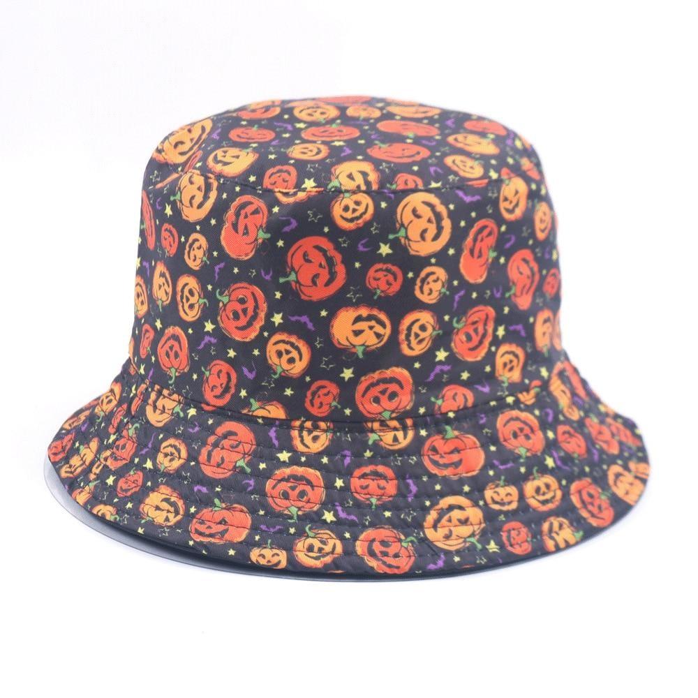 Halloween pumpkin bucket hat on a light background, with the full crown and flared circular brim visible from the front.