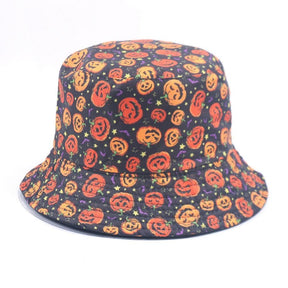 Halloween pumpkin bucket hat on a light background, with the full crown and flared circular brim visible from the front.