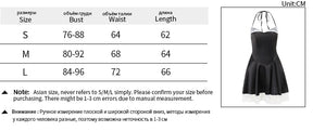 Halter dress size chart listing bust, waist and length in centimeters for S, M and L beside an illustration of the black dress with white trim.