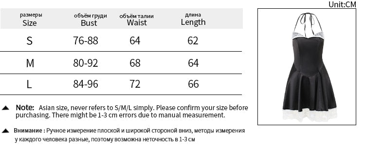 Halter dress size chart listing bust, waist and length in centimeters for S, M and L beside an illustration of the black dress with white trim.
