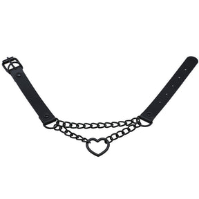Black heart choker laid open on white, showing the buckle at one end, adjustment holes at the other and the two chain rows between them.