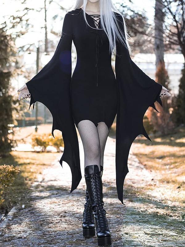 Black gothic mini dress with long, flowing wing-style sleeves and pointed sleeve edges.