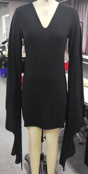 Black gothic mini dress with long, flowing wing-style sleeves and pointed sleeve edges.
