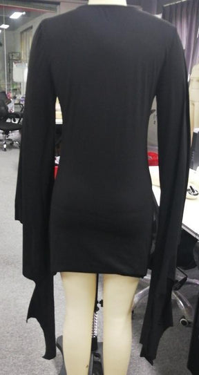 Black gothic mini dress with long, flowing wing-style sleeves and pointed sleeve edges.