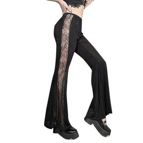Side display of the black bell-bottom pants against white, showing the full-length floral lace inset and wide lower flare.
