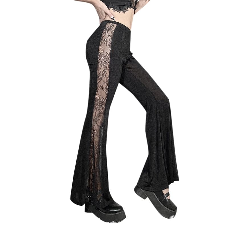 Side display of the black bell-bottom pants against white, showing the full-length floral lace inset and wide lower flare.