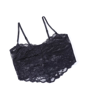 Separate black lace camisole laid flat on white, with thin adjustable straps, a floral pattern and scalloped hem. This styling item is not included with the overlay.