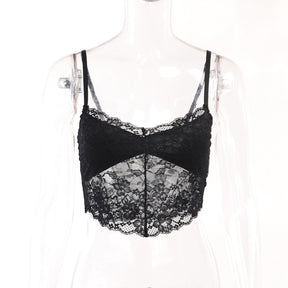 Separate black lace camisole displayed on a clear mannequin, showing thin straps and a scalloped floral hem. It is not included with the velvet bolero.