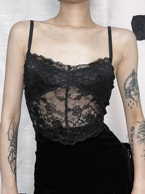 Black floral lace camisole worn with a black skirt as an outfit styling reference. The velvet overlay is not worn in this photo, and the camisole is not included with it.