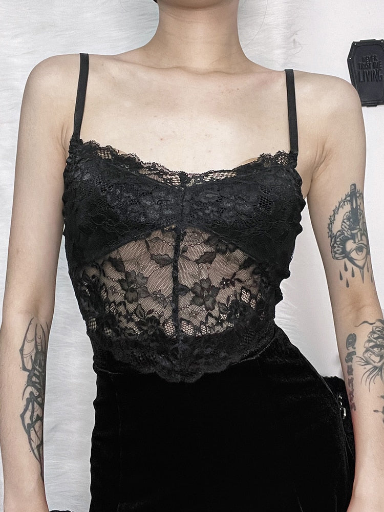Black floral lace camisole worn with a black skirt as an outfit styling reference. The velvet overlay is not worn in this photo, and the camisole is not included with it.