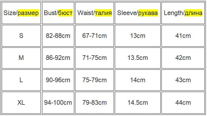 Size chart for the black mesh-sleeve crop top with bust, waist, sleeve and length measurements in centimetres. The source graphic includes S through XL.