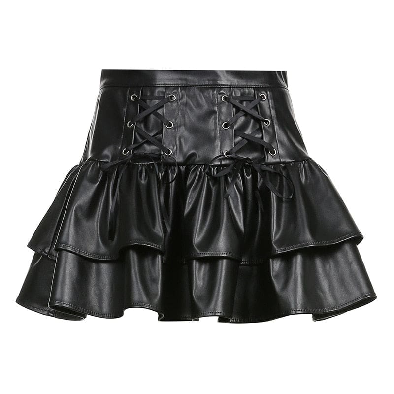 Black faux leather mini skirt isolated against white, with a wide lace-up waistband and two stacked ruffle tiers.