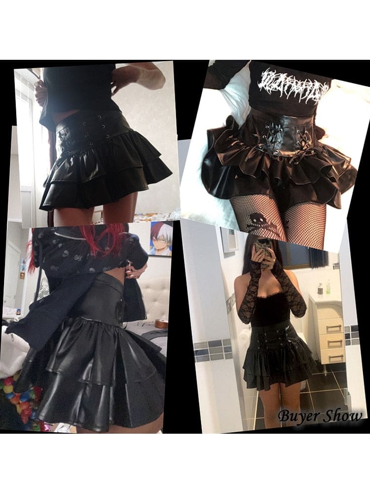 Four-photo collage showing the glossy black lace-up ruffle skirt in different styled poses, with dark tops and stockings.
