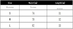 Size chart for the black ruffle mini skirt: S waist 74cm and length 31cm, M waist 78cm and length 32cm, L waist 82cm and length 33cm.