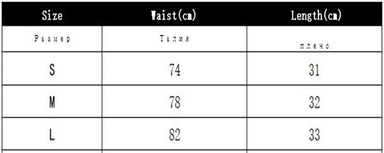 Size chart for the black ruffle mini skirt: S waist 74cm and length 31cm, M waist 78cm and length 32cm, L waist 82cm and length 33cm.