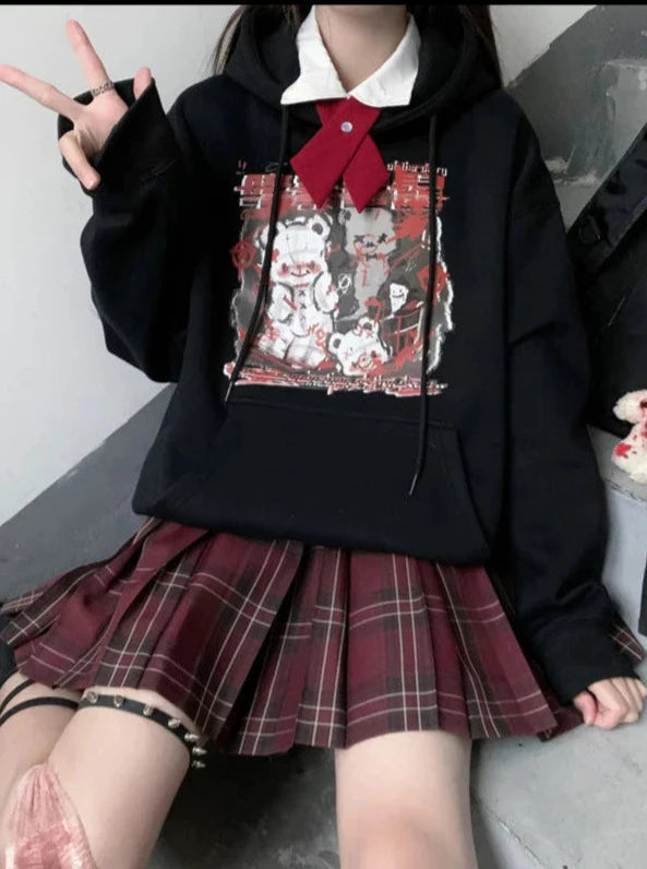 Black Menhera bear graphic hoodie styled with a separate white collar, red bow and plaid skirt.