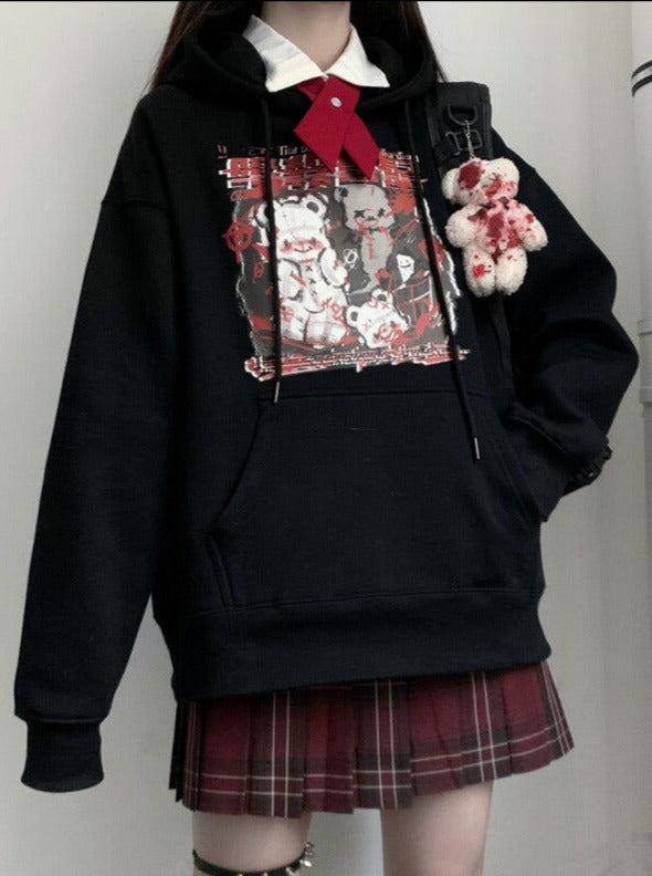 Black Menhera bear graphic hoodie shown in a front outfit with a separate bag and bear charm.