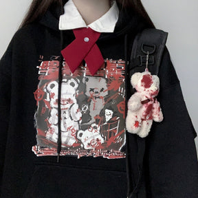 Black Menhera bear graphic hoodie with a closer view of the printed front beside a separate bear charm.