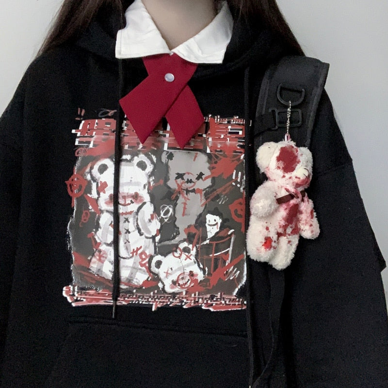 Black Menhera bear graphic hoodie with a closer view of the printed front beside a separate bear charm.