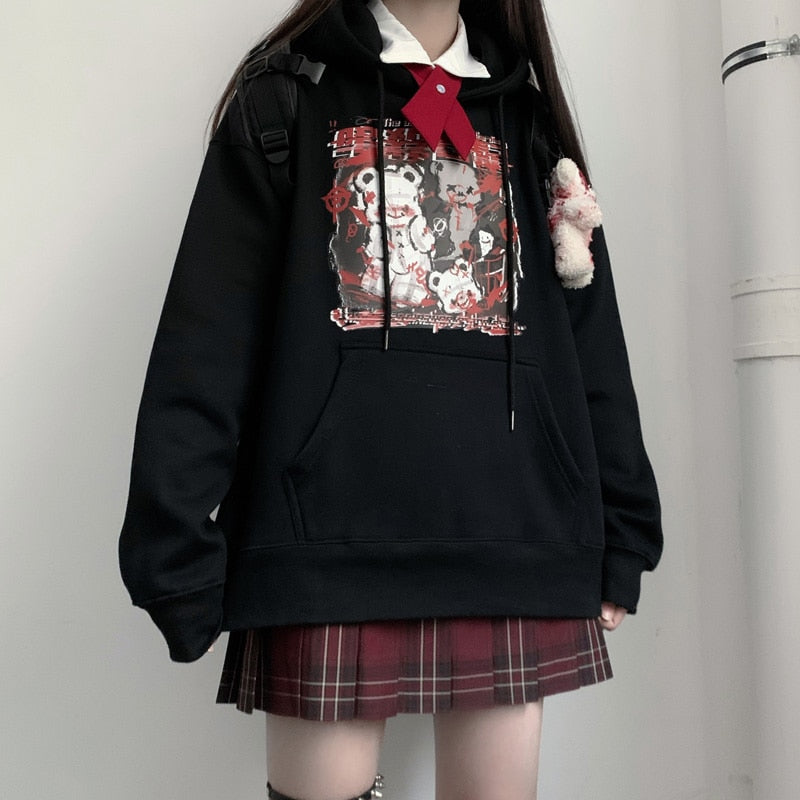 Black Menhera bear graphic hoodie shown in a straight-on outfit with a separate collared layer.