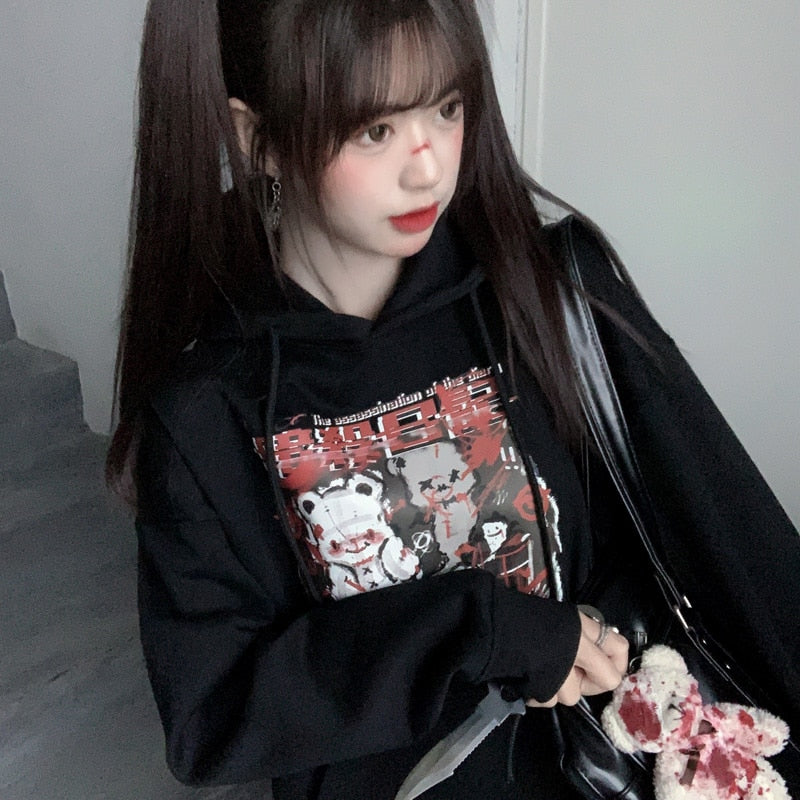 Black Menhera bear graphic hoodie shown without the separate collar, with the hood neckline visible.