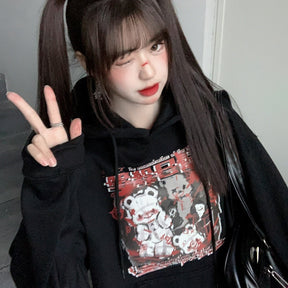 Black Menhera bear graphic hoodie shown in a closer outfit without the separate collar.