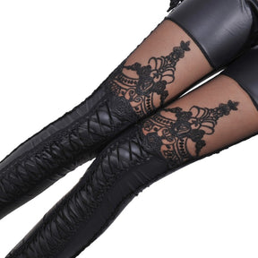 Black leather-look leggings with ornate mesh thigh panels and lower-leg lacing with a close view of the sheer panels and corset-style laces.
