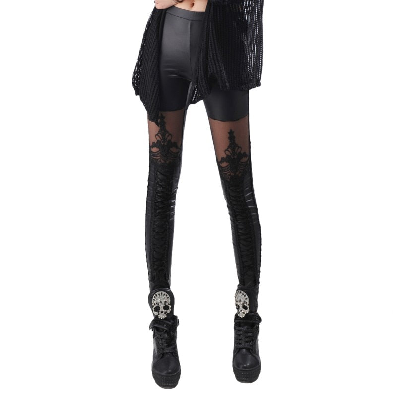 Black leather-look leggings with ornate mesh thigh panels and lower-leg lacing shown in a second full front outfit view.