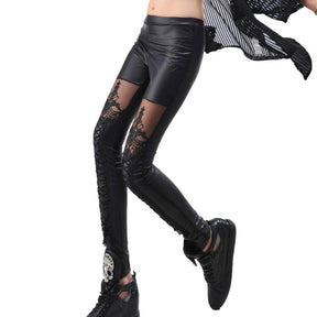 Black leather-look leggings with ornate mesh thigh panels and lower-leg lacing shown in profile with one foot raised.