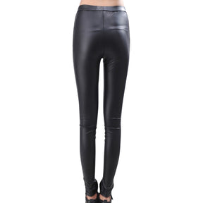 Black leather-look leggings with ornate mesh thigh panels and lower-leg lacing displayed from the back with smooth black panels.