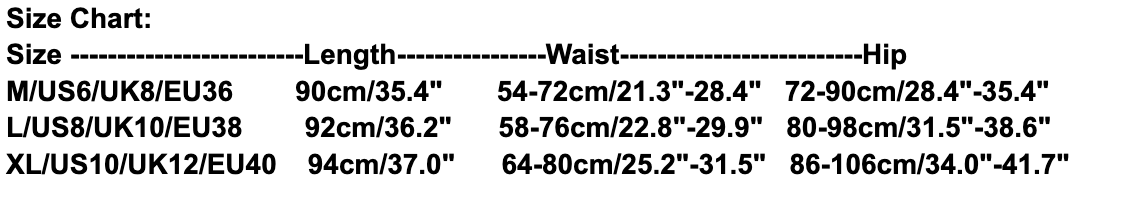 Black leather-look leggings with ornate mesh thigh panels and lower-leg lacing size chart showing M, L and XL length, waist and hip measurements.