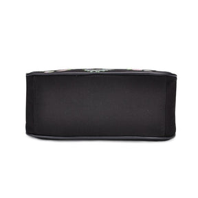 Underside of the black Monster Mash handbag, showing the broad plain rectangular base and edge seams against white.