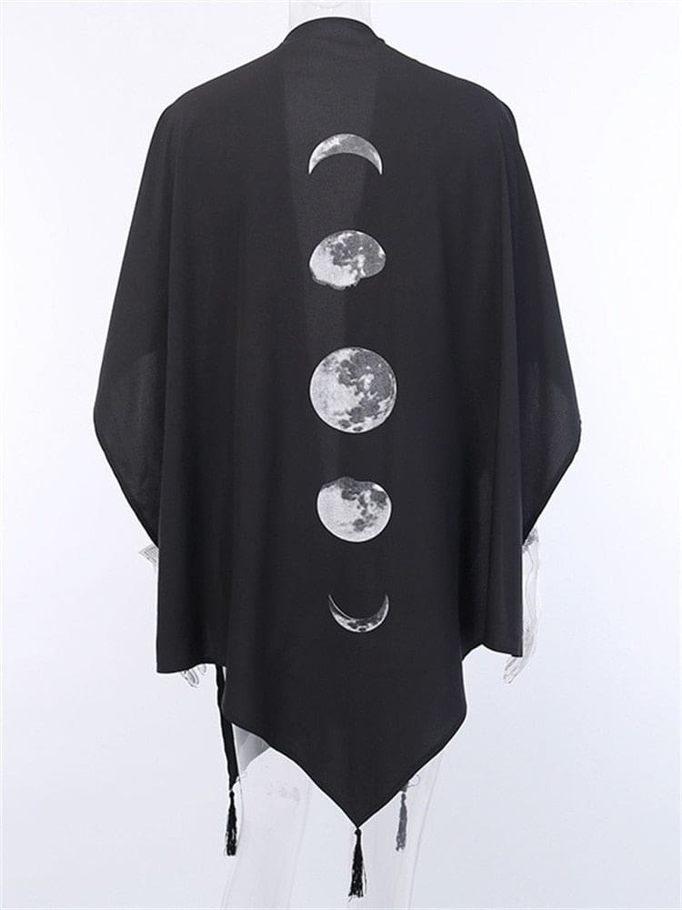 Back of the black celestial shawl on a mannequin, showing five pale moon phases.