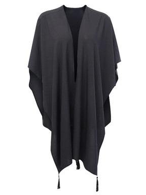 Black open-front shawl isolated on white with long pointed ends and small tassels.
