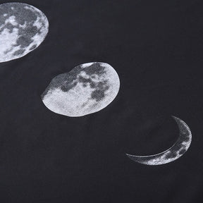 Close-up of the detailed pale moon-phase print against the black shawl fabric.
