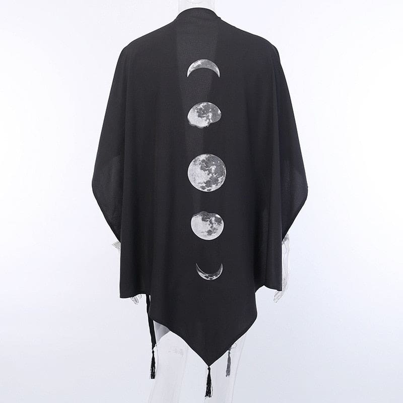 Black moon phase wrap from behind with a pointed lower hem and dangling tassels.