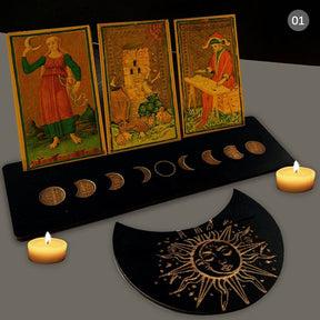 Black wooden tarot stand pair with pale moon phases, showing one rectangle and one moon-shaped holder with narrow card slots.