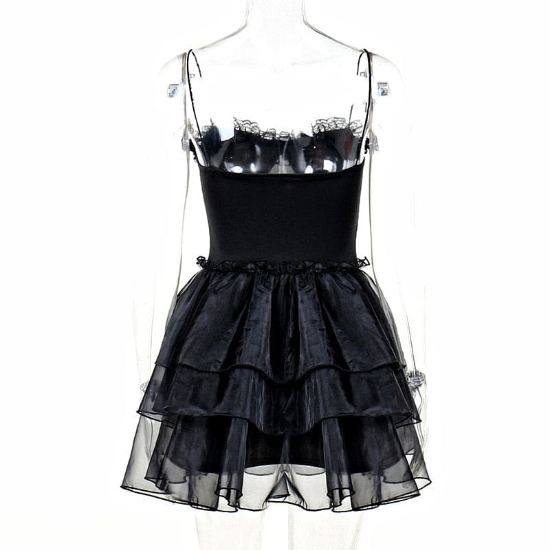 Rear mannequin view of the black Moon Princess dress with a smooth bodice and layered skirt.